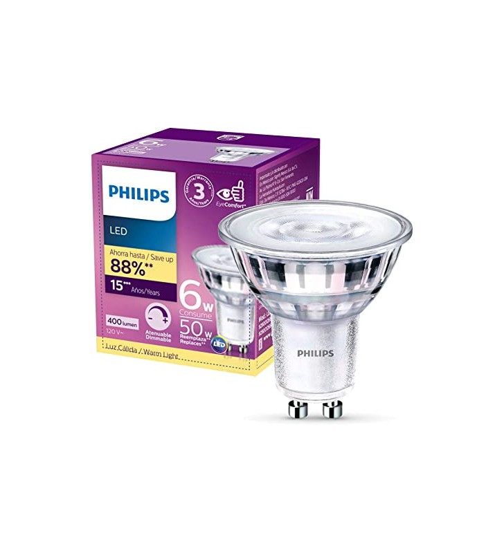 Foco Led PHILIPS  MR16 Luz Calida Compatible con Cualquier Entrada GU10 6W(50W)