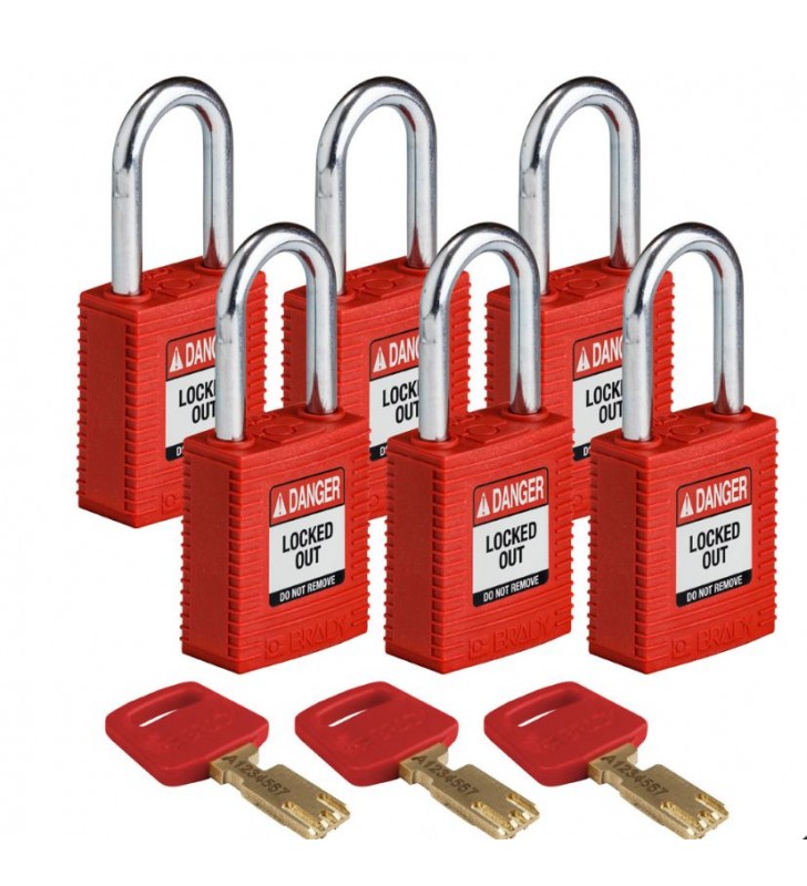 Candados De Nylon De Bloqueo Safekey, Arco de Acero, Llaves Diferentes, Con Retencion de Llave, Paquete de 6 Cada Uno, Rojo