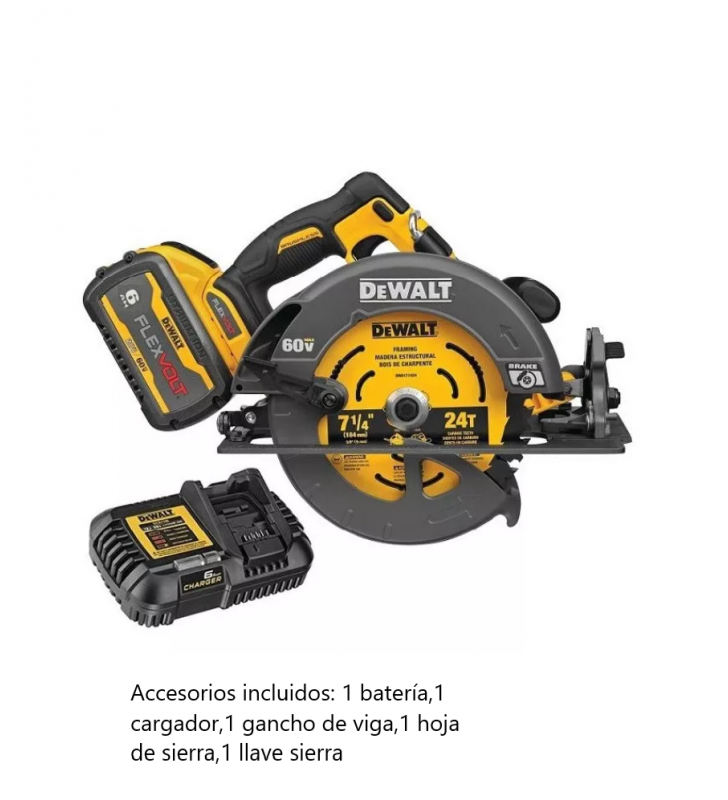 Sierra Circular Inalambrico  7 1/4 60V 6AMP  Incluye 1 Bateria y su Cargador Dewalt FLEXVOLT