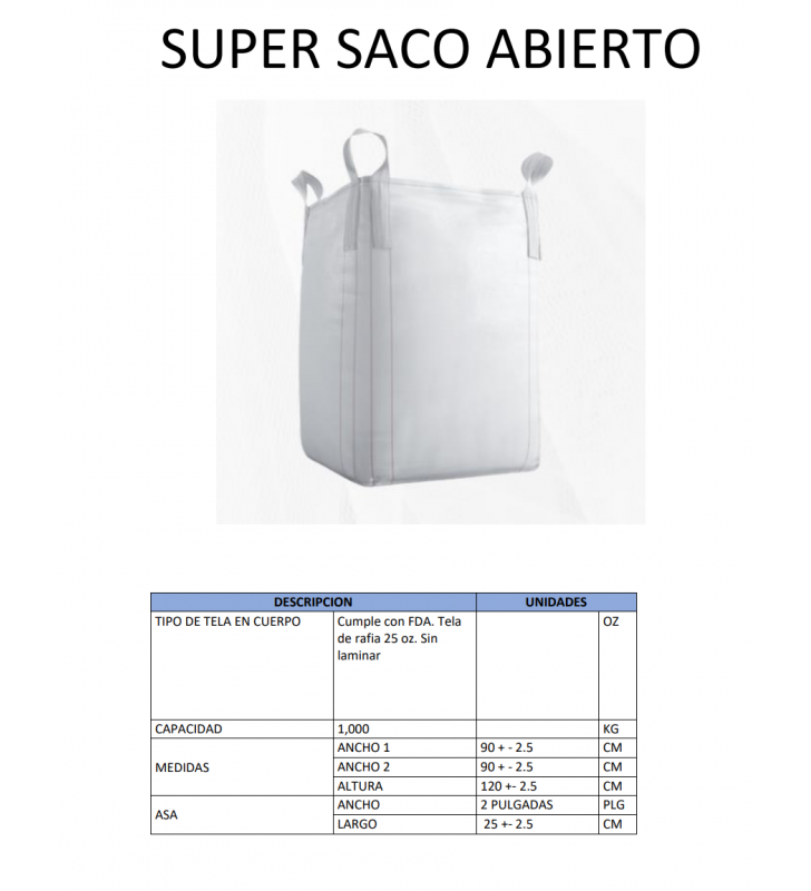 Super Saco de Plastico y Rafia de Polipropileno de 4 Correas 95x95x1.20cm Carga Abierto Tratamiento UV Capacidad 1000kg